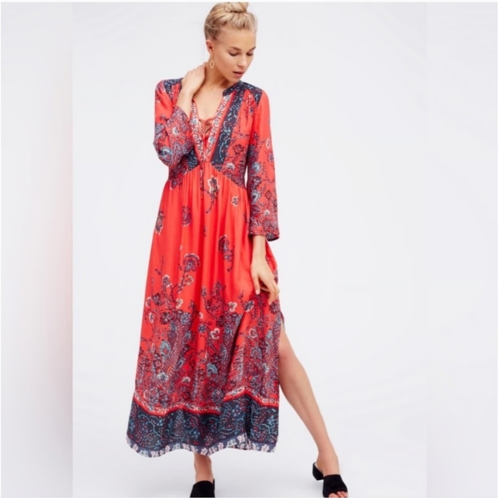 Free People If Only You Knew Maxi Red Boho Printed Dress Size XS